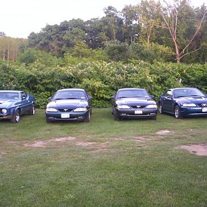 from left to right:
Aunt's 72 mac 1 (351 Cleveland), My 96 Gt, aunt's 98 gt, moms 00 v6