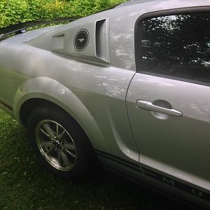 Right side with MMD Eleanor Quarter Window Scoop with custom 1969/70 Mustang emblem sticker installed May/July, 2015.
