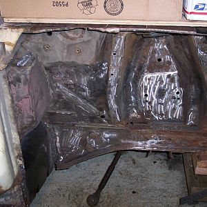 8/27/16 Cleaned the undercoating off the shock tower, frame rail, firewall, & most of the rear inner fender panel.
