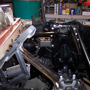 2/22/17 Painted the hood hinges yesterday & installed them today along with the power brake booster/master cylinder assembly & hooked up the brake lin