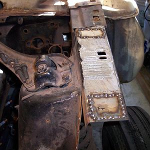 Welded in l/s shock tower upper flange patches.
